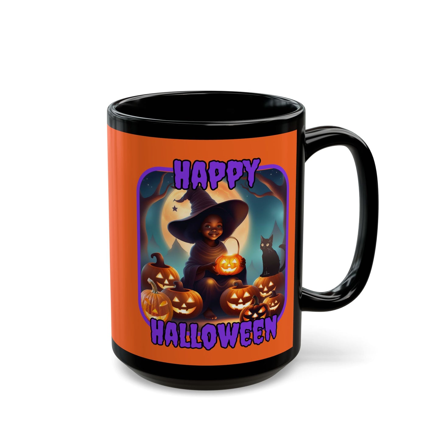 Happy Halloween Cute Witch Purple font Orange Mug by CreepyCrafts.boo