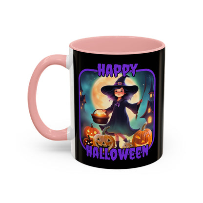 Happy Halloween Little Witch Purple font Black Accent Mug by CreepyCrafts.boo