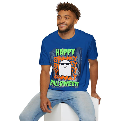 Spooky Happy Halloween Ghost Dark colors Green font Unisex T-Shirt by CreepyCrafts.boo