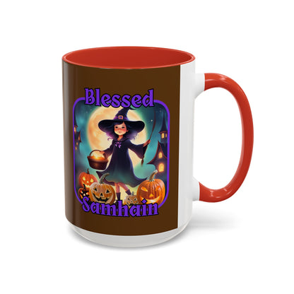 Blessed Samhain Little Witch Purple font Brown Accent Mug by CreepyCrafts.boo