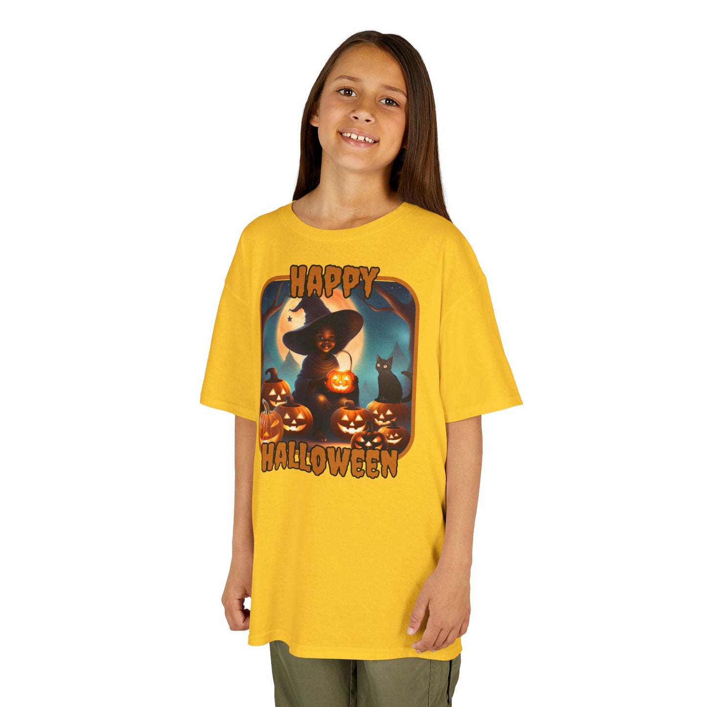 Happy Halloween Cute Witch Orange font Kids Heavy Cotton™ Tee by CreepyCrafts.boo