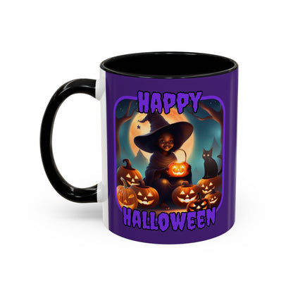 Happy Halloween Cute Witch Purple font Purple Accent Mug by CreepyCrafts.boo
