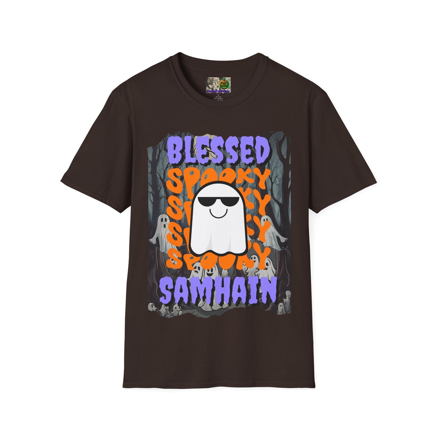 Spooky Blessed Samhain Ghost Purple font Unisex T-Shirt by CreepyCrafts.boo