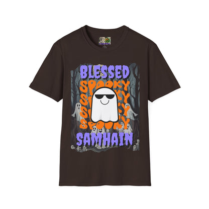Spooky Blessed Samhain Ghost Purple font Unisex T-Shirt by CreepyCrafts.boo