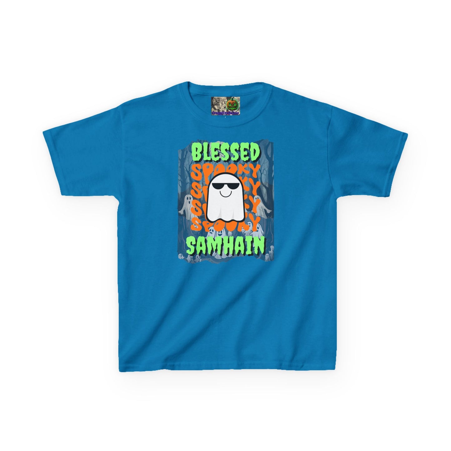 Spooky Blessed Samhain Ghost Green font Kids Heavy Cotton™ Tee by CreepyCrafts.boo