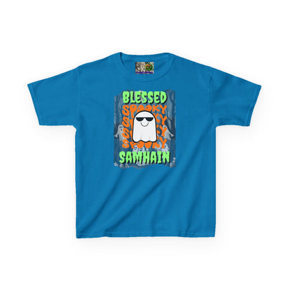 Spooky Blessed Samhain Ghost Green font Kids Heavy Cotton™ Tee by CreepyCrafts.boo