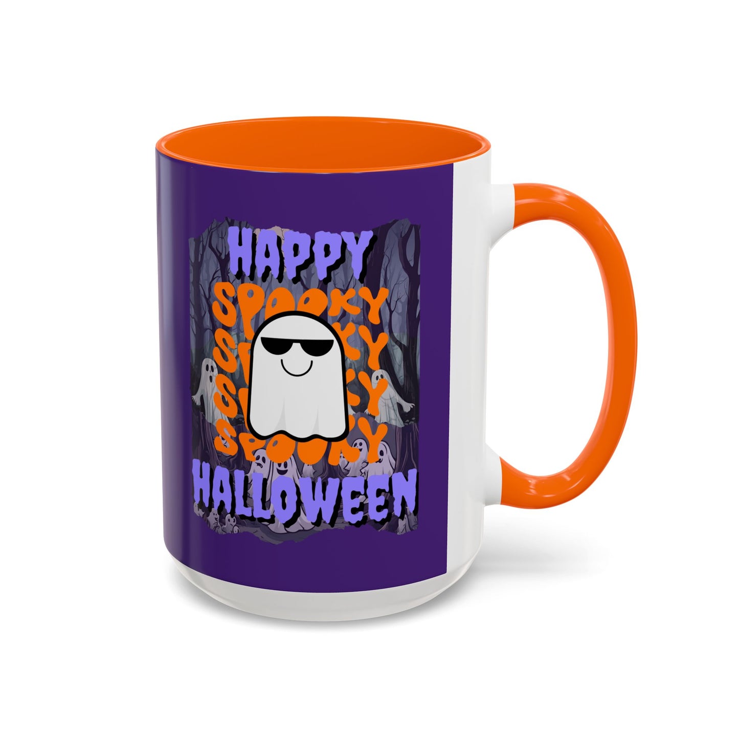 Spooky Happy Halloween Ghost Purple font Purple Accent Mug by CreepyCrafts.boo
