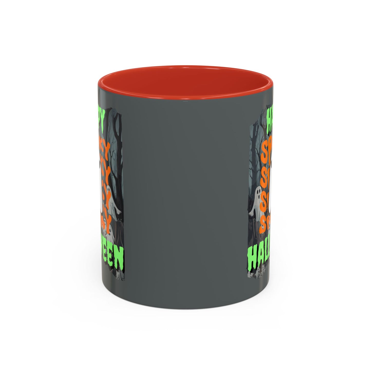 Spooky Happy Halloween Ghost Green font Grey Accent Mug by CreepyCrafts.boo