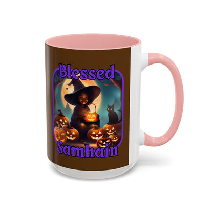 Blessed Samhain Cute Witch Purple font Brown Accent Mug by CreepyCrafts.boo