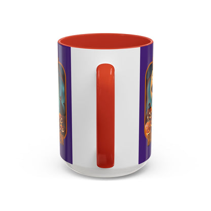 Happy Halloween Cute Witch Orange font Purple Accent Mug by CreepyCrafts.boo