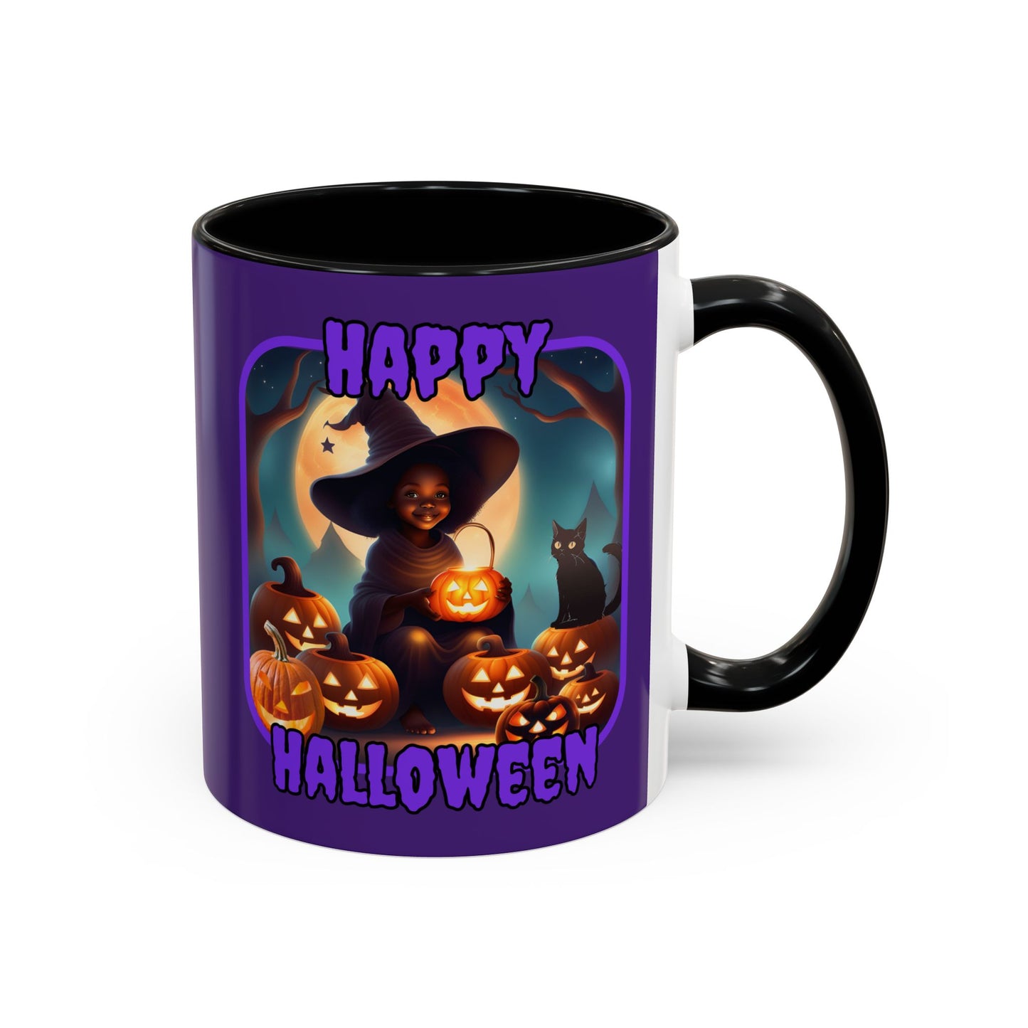 Happy Halloween Cute Witch Purple font Purple Accent Mug by CreepyCrafts.boo