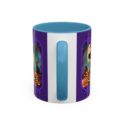 Blessed Samhain Cute Witch Purple font Purple Accent Mug by CreepyCrafts.boo