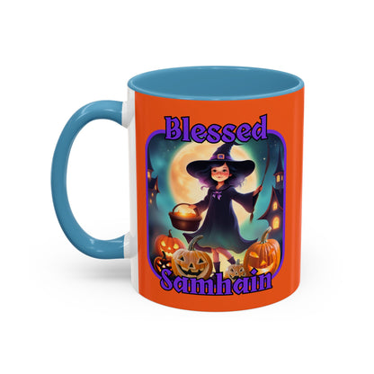 Blessed Samhain Little Witch Purple font Orange Accent Mug by CreepyCrafts.boo