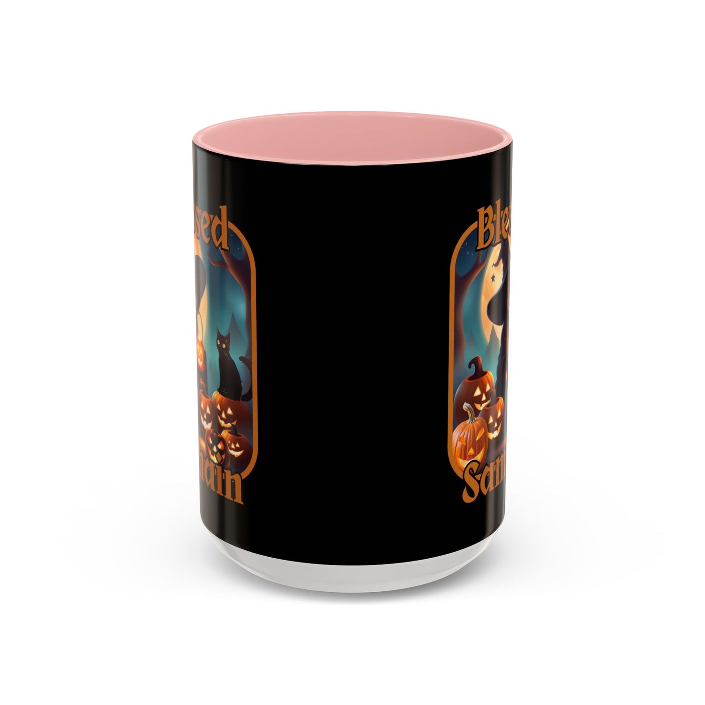 Blessed Samhain Cute Witch Orange font Black Accent Mug by CreepyCrafts.boo