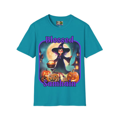 Blessed Samhain Little Witch Purple font Dark colors Unisex T-Shirt by CreepyCrafts.boo