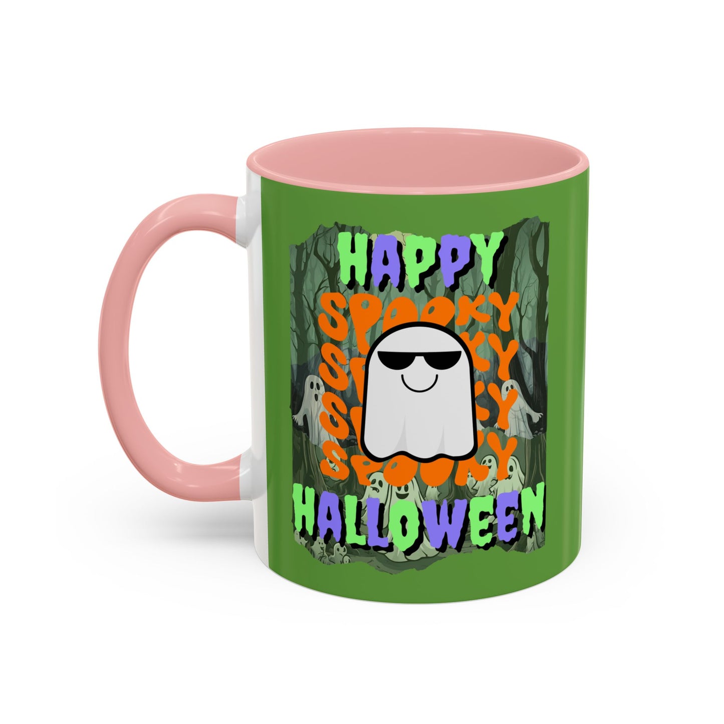 Spooky Happy Halloween Ghost Mixed font Green Accent Mug by CreepyCrafts.boo