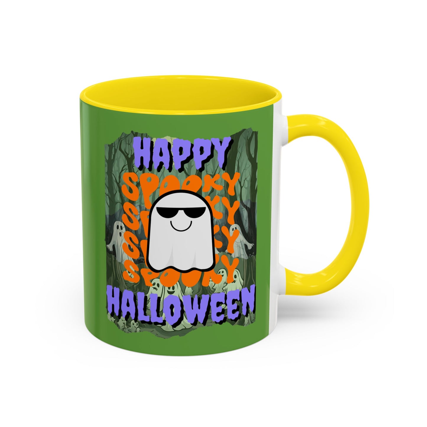 Spooky Happy Halloween Ghost Purple font Green Accent Mug by CreepyCrafts.boo