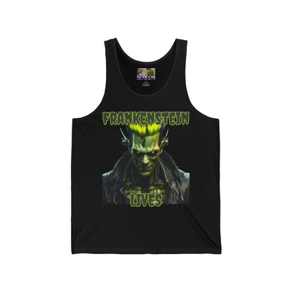 Frankenstein Lives Unisex Jersey Tank Top by CreepyCrafts.boo