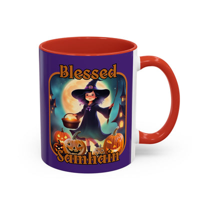 Blessed Samhain Little Witch Orange font Purple Accent Mug by CreepyCrafts.boo