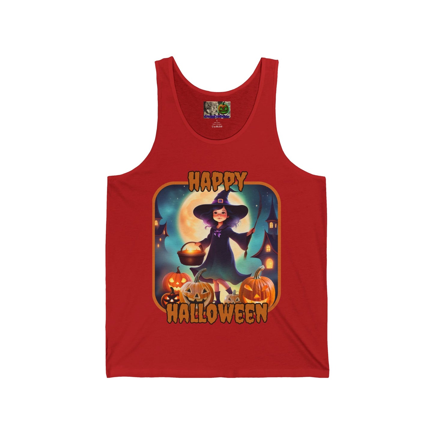 Happy Halloween Little Witch Orange font Unisex Jersey Tank Top by CreepyCrafts.boo