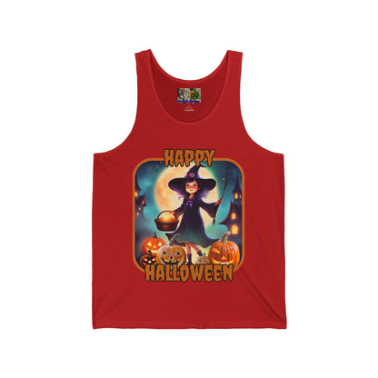 Happy Halloween Little Witch Orange font Unisex Jersey Tank Top by CreepyCrafts.boo