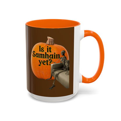 Is It Samhain Yet? Skeleton's Giant Pumpkin Brown Accent Mug by CreepyCrafts.boo