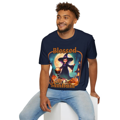 Blessed Samhain Little Witch Orange font Dark colors Unisex T-Shirt by CreepyCrafts.boo