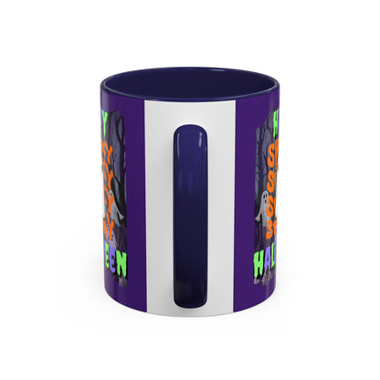 Spooky Happy Halloween Ghost Mixed font Purple Accent Mug by CreepyCrafts.boo