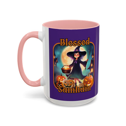Blessed Samhain Little Witch Orange font Purple Accent Mug by CreepyCrafts.boo