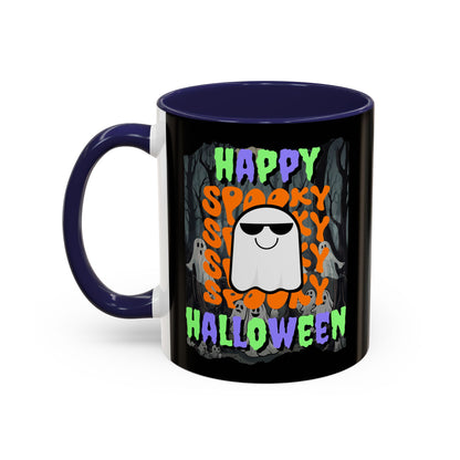 Spooky Happy Halloween Ghost Mixed font Black Accent Mug by CreepyCrafts.boo
