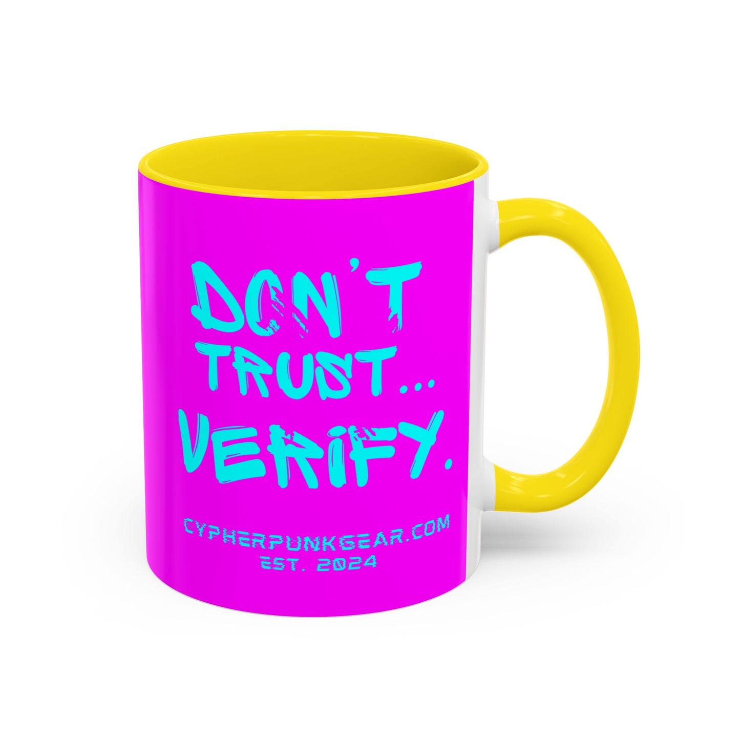 Don't Trust...Verify. Electric Magenta Accent Mug by cypherpunkgear.com