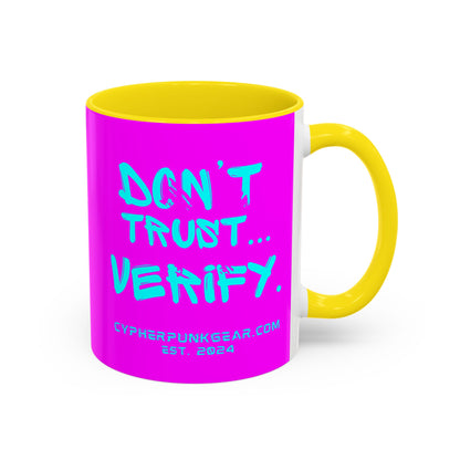 Don't Trust...Verify. Electric Magenta Accent Mug by cypherpunkgear.com