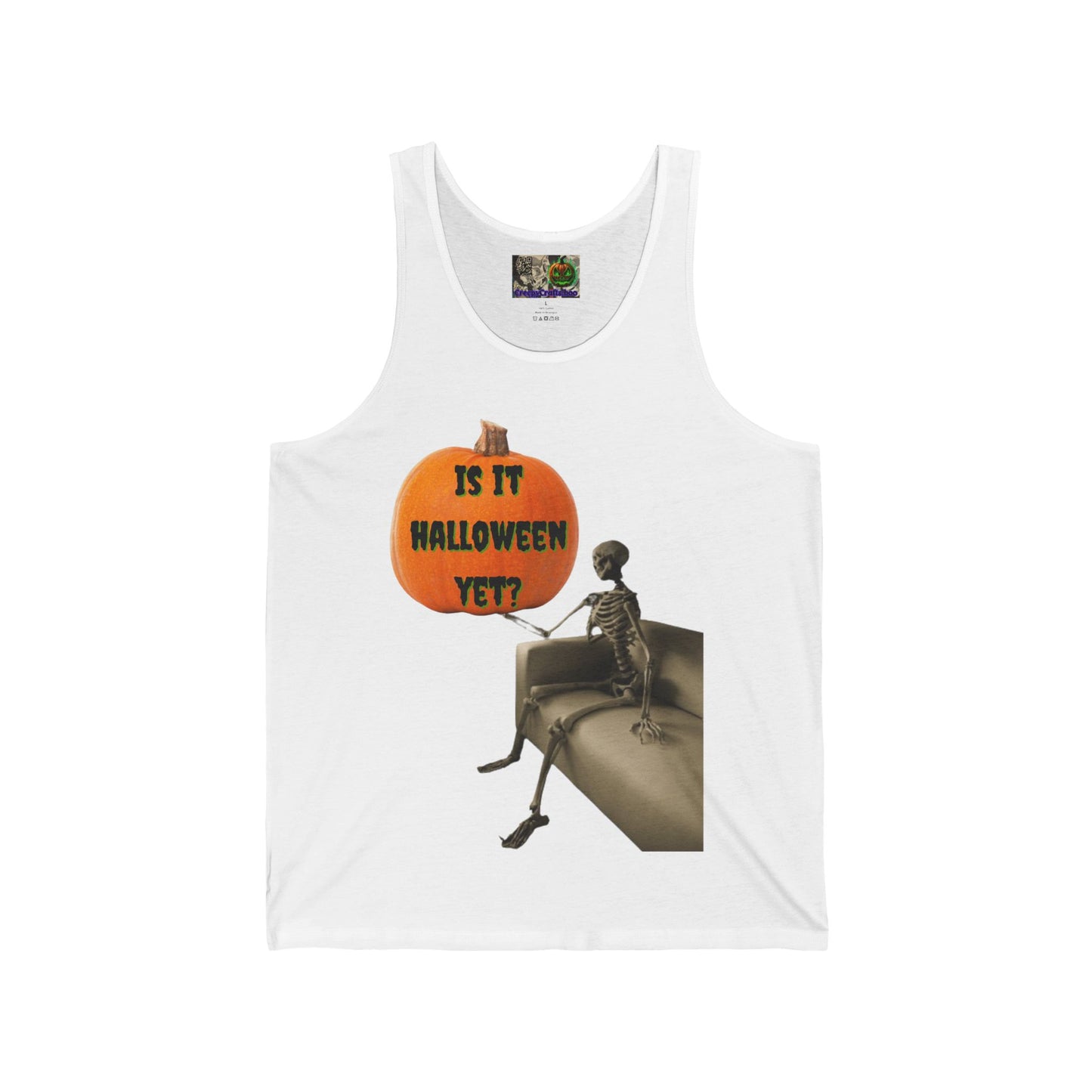 Is it Halloween yet? Skeleton's Pumpkin Unisex Jersey Tank Top by CreepyCrafts.boo