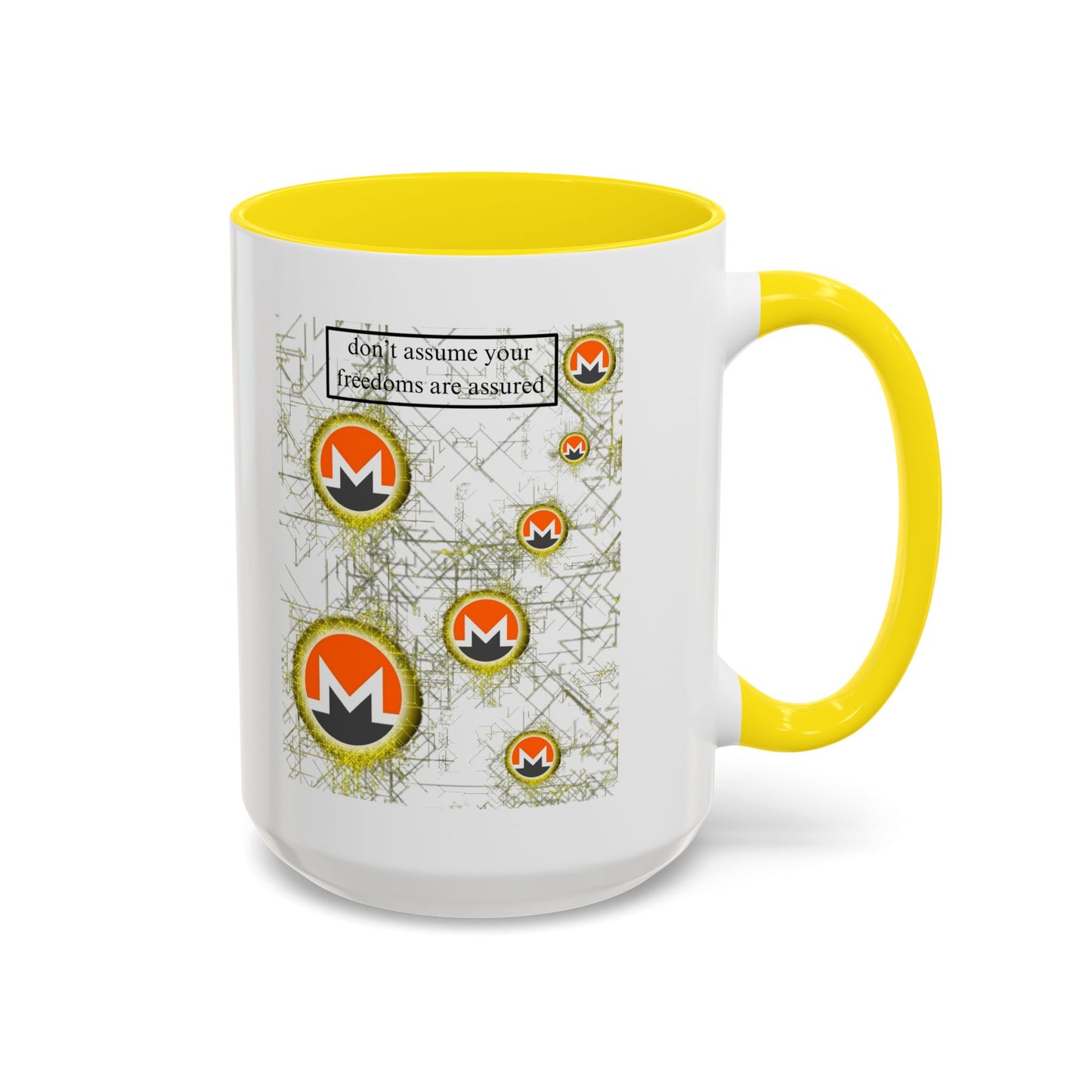 Monero (XMR) don't assume your freedoms are assured White Accent Mug by cypherpunkgear.com