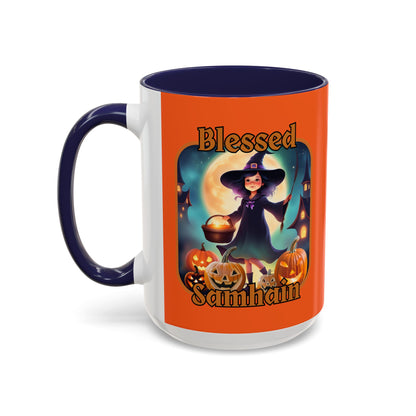 Blessed Samhain Little Witch Orange font Orange Accent Mug by CreepyCrafts.boo