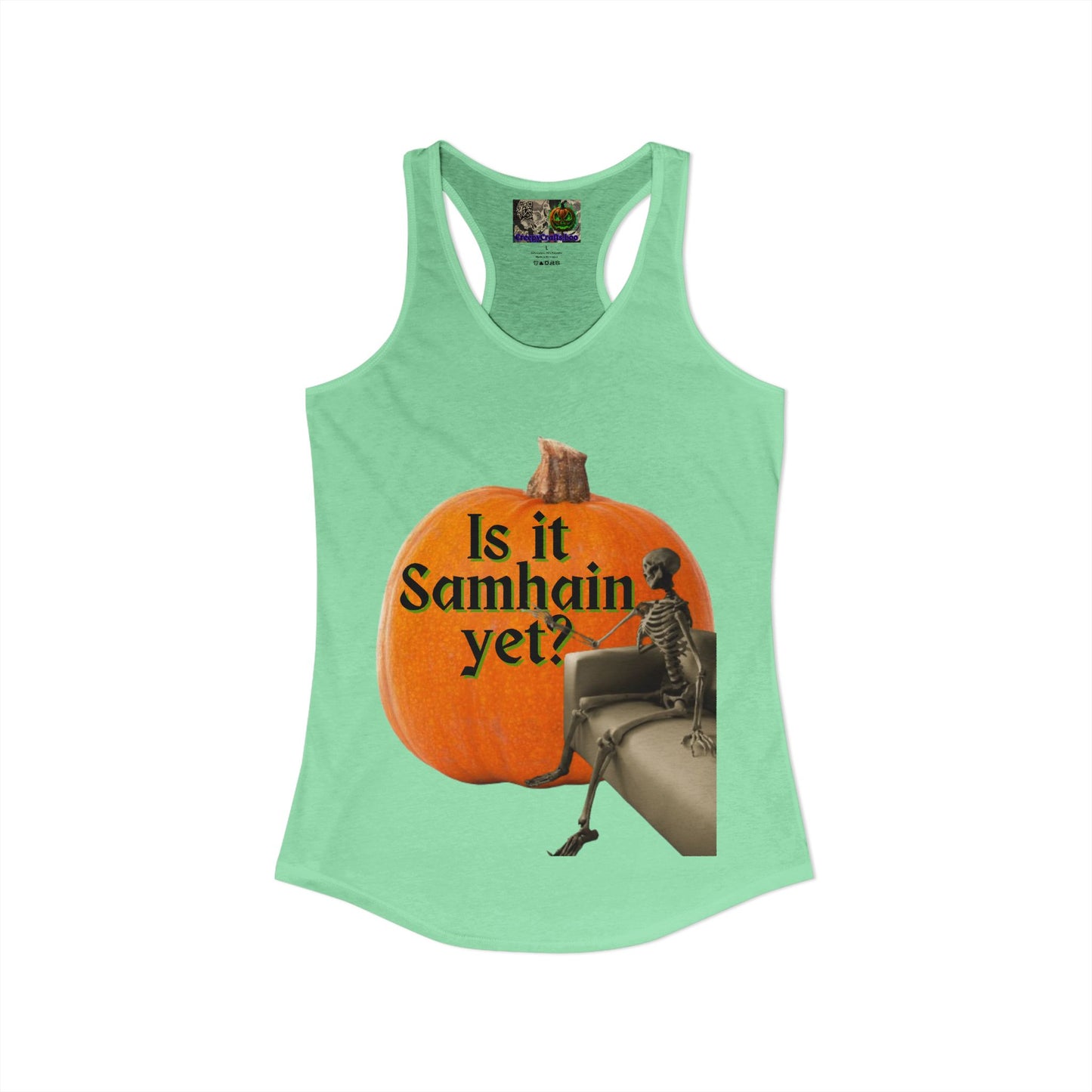 Is It Samhain Yet? Skeleton's Giant Pumpkin Women’s Racerback Tank Top by CreepyCrafts.boo