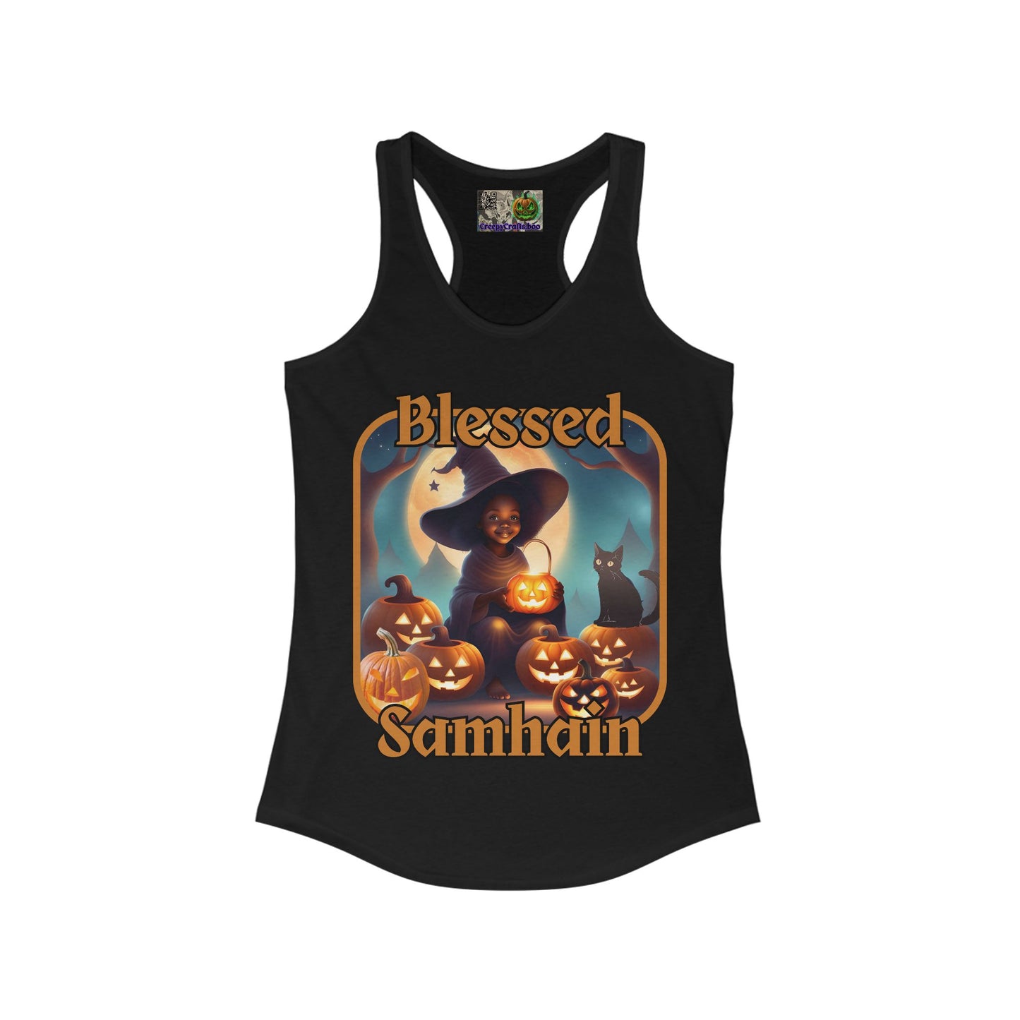 Blessed Samhain Cute Witch Orange font Women's Racerback Tank Top by CreepyCrafts.boo