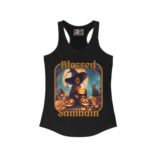 Blessed Samhain Cute Witch Orange font Women's Racerback Tank Top by CreepyCrafts.boo