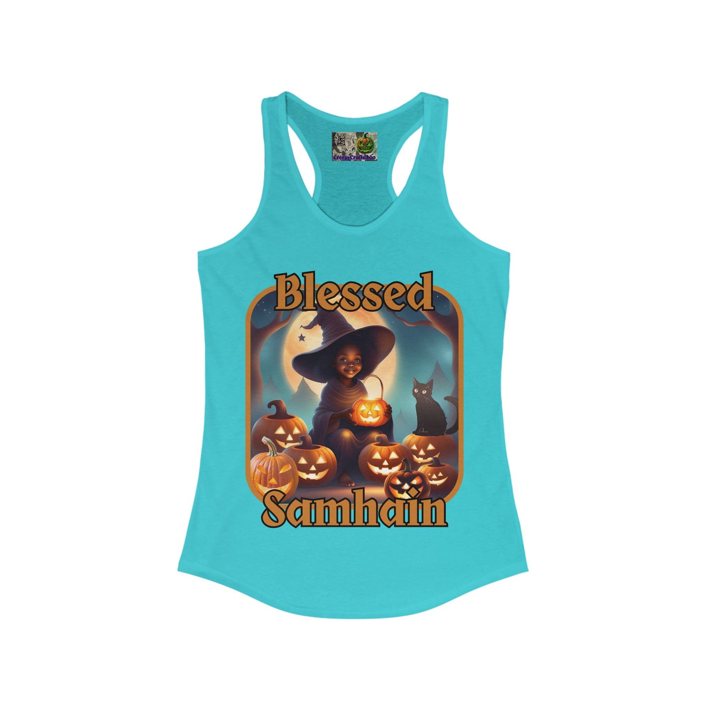 Blessed Samhain Cute Witch Orange font Women's Racerback Tank Top by CreepyCrafts.boo