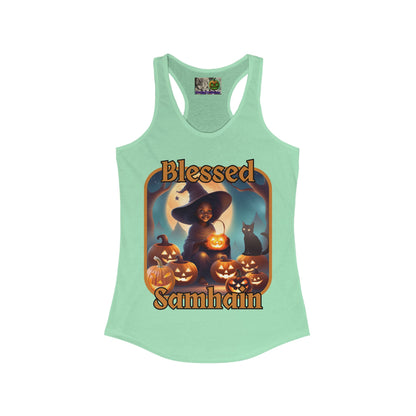 Blessed Samhain Cute Witch Orange font Women's Racerback Tank Top by CreepyCrafts.boo