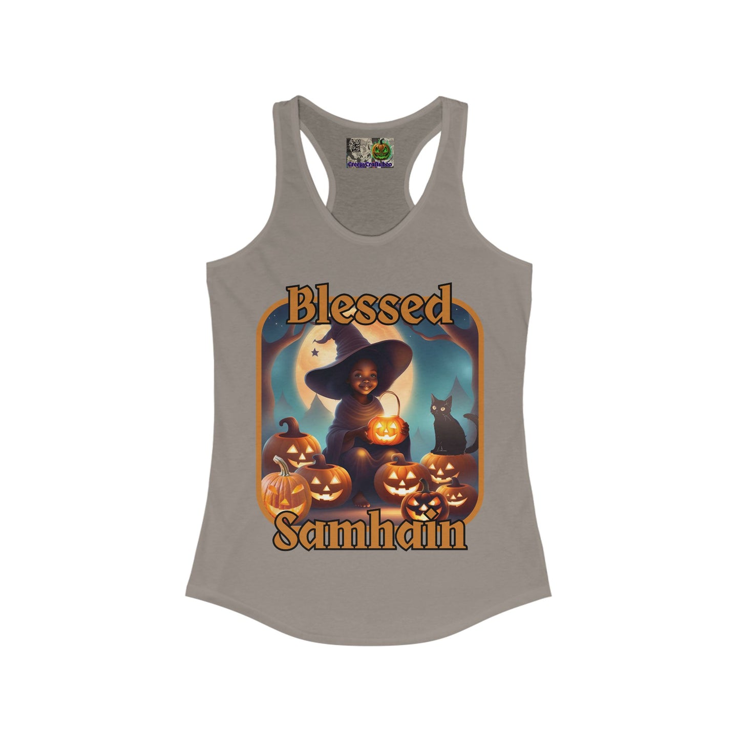 Blessed Samhain Cute Witch Orange font Women's Racerback Tank Top by CreepyCrafts.boo