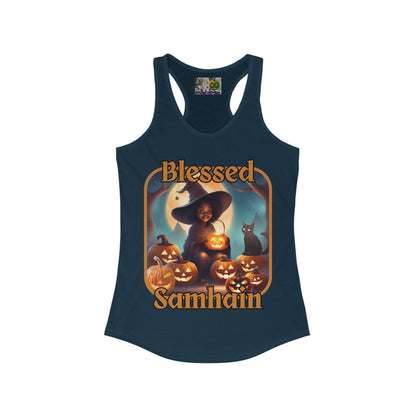 Blessed Samhain Cute Witch Orange font Women's Racerback Tank Top by CreepyCrafts.boo