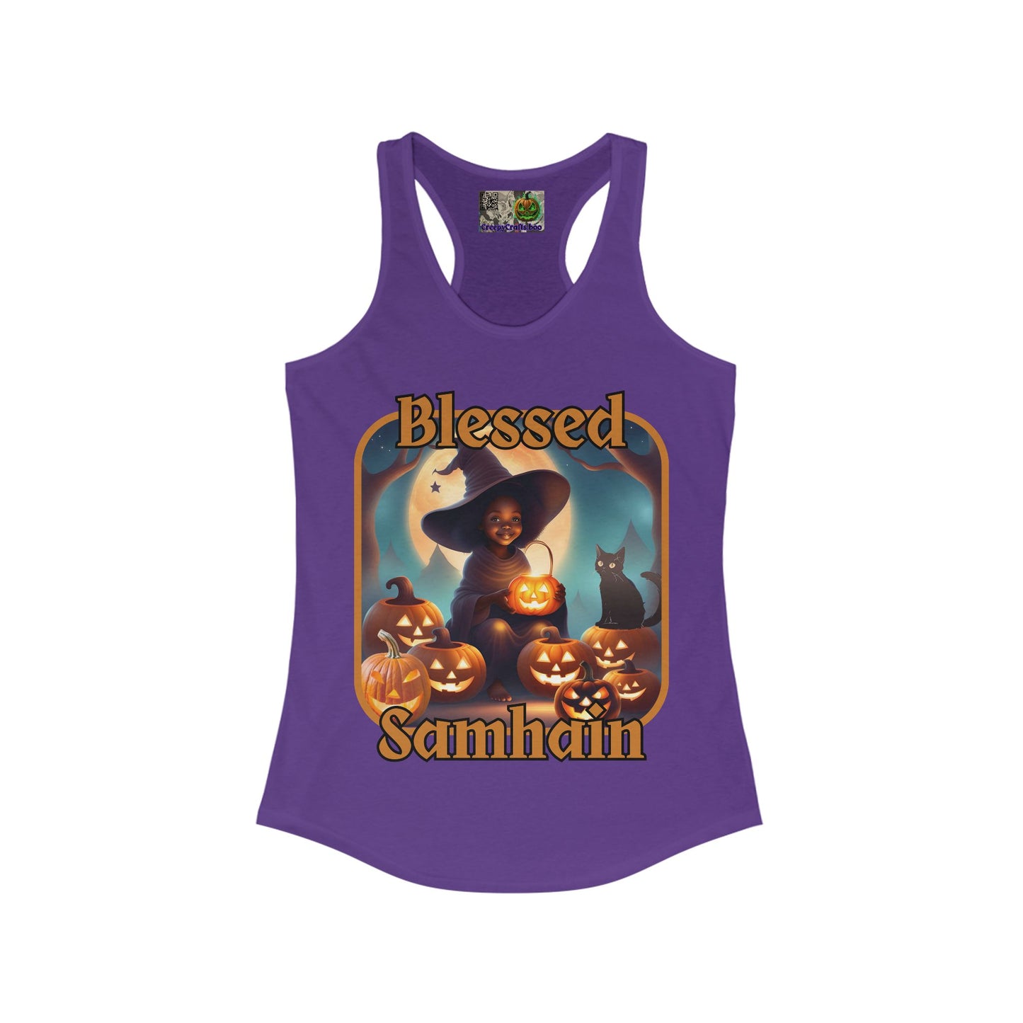 Blessed Samhain Cute Witch Orange font Women's Racerback Tank Top by CreepyCrafts.boo