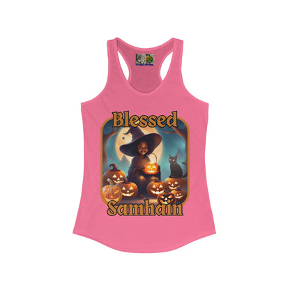 Blessed Samhain Cute Witch Orange font Women's Racerback Tank Top by CreepyCrafts.boo