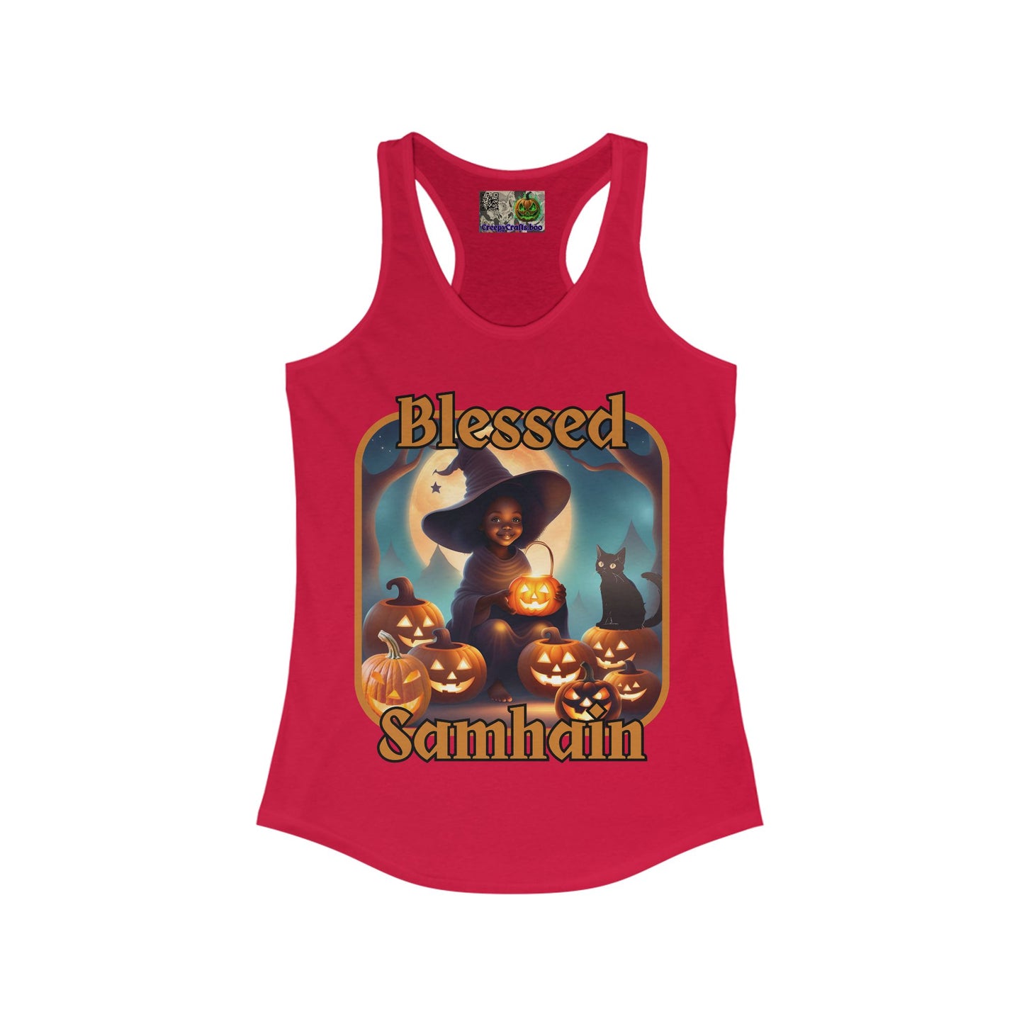 Blessed Samhain Cute Witch Orange font Women's Racerback Tank Top by CreepyCrafts.boo