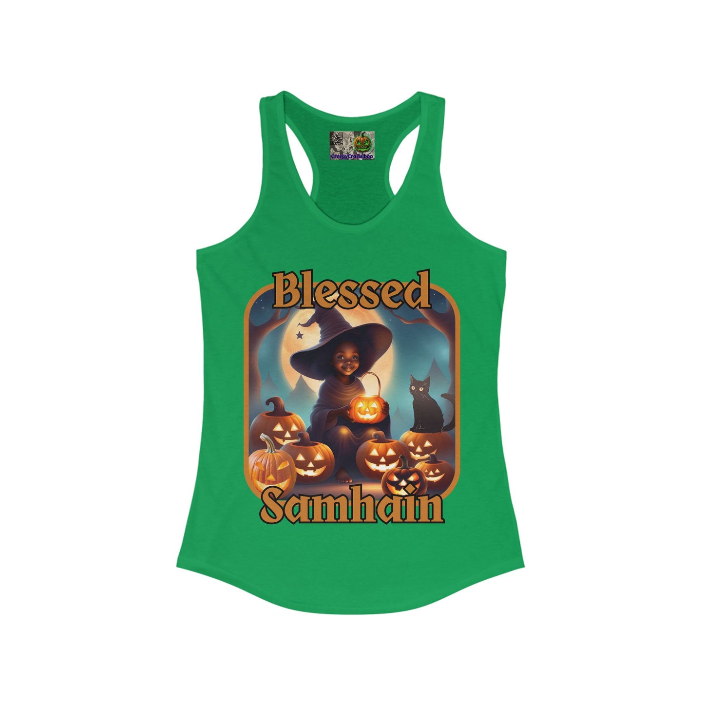 Blessed Samhain Cute Witch Orange font Women's Racerback Tank Top by CreepyCrafts.boo