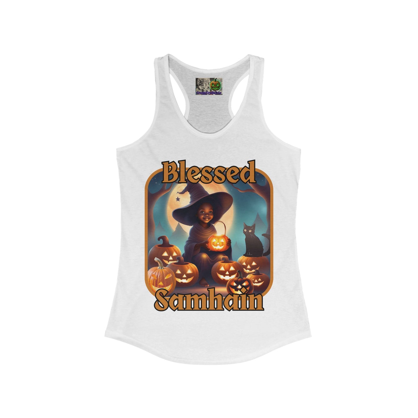 Blessed Samhain Cute Witch Orange font Women's Racerback Tank Top by CreepyCrafts.boo