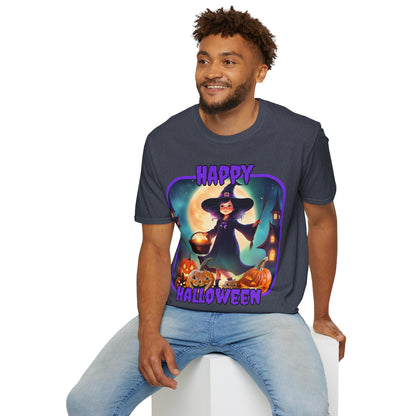 Happy Halloween Little Witch Purple font, Dark colors, Unisex T-Shirt by CreepyCrafts.boo