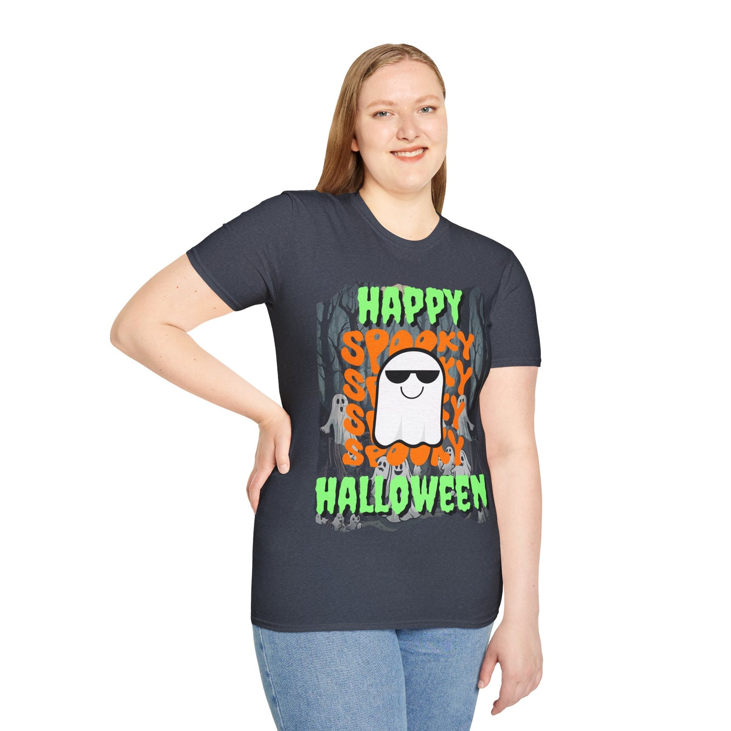 Spooky Happy Halloween Ghost Dark colors Green font Unisex T-Shirt by CreepyCrafts.boo