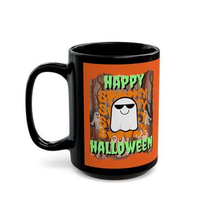 Spooky Happy Halloween Ghost Green font Orange Mug by CreepyCrafts.boo